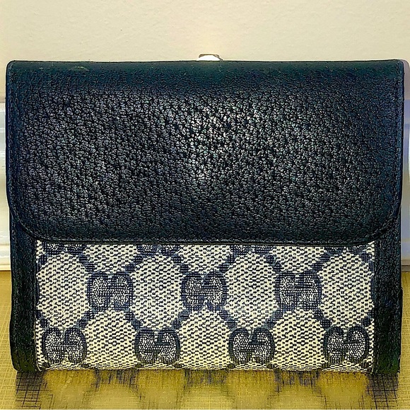GUCCI GG Monogram Navy Blue Leather Coated Canvas Compact Bifold Wallet Vintage - Picture 3 of 17